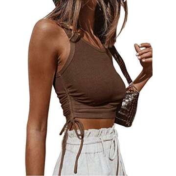 Artfish Women's Sleeveless Shirt Ribbed Fitted Scoop Neck Basic Crop Tank Top Cotton Drawstring Side Ruched Brown,XS