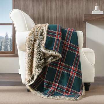 HORIMOTE HOME Luxury Plush Faux Fur Throw Blanket with Green Plaid Pattern, Super Warm, Fuzzy, Elega...