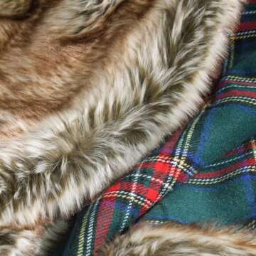 HORIMOTE HOME Luxury Plush Faux Fur Throw Blanket with Green Plaid Pattern, Super Warm, Fuzzy, Elegant, Fluffy Decoration Christmas Holiday Blanket for Couch, Armchair, Sofa and Bed, 50''x 60''