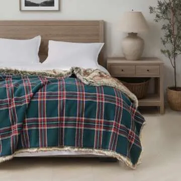 HORIMOTE HOME Luxury Plush Faux Fur Throw Blanket with Green Plaid Pattern, Super Warm, Fuzzy, Elegant, Fluffy Decoration Christmas Holiday Blanket for Couch, Armchair, Sofa and Bed, 50''x 60''