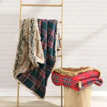 HORIMOTE HOME Luxury Plush Faux Fur Throw Blanket with Green Plaid Pattern, Super Warm, Fuzzy, Elegant, Fluffy Decoration Christmas Holiday Blanket for Couch, Armchair, Sofa and Bed, 50''x 60''