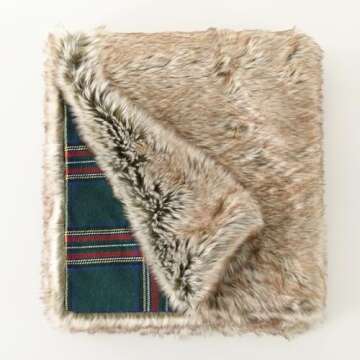 HORIMOTE HOME Luxury Plush Faux Fur Throw Blanket with Green Plaid Pattern, Super Warm, Fuzzy, Elegant, Fluffy Decoration Christmas Holiday Blanket for Couch, Armchair, Sofa and Bed, 50''x 60''