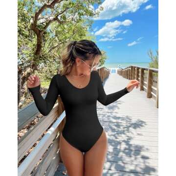OQQ Women's 2 Piece Bodysuits Sexy Ribbed T Shirt One Piece Long Sleeve V Neck Leotard Black Beige