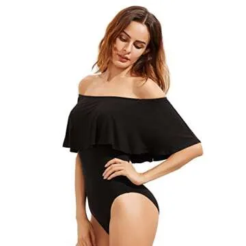 Verdusa Women's Off The Shoulder Short Sleeve Ruffle Bodysuit Black L