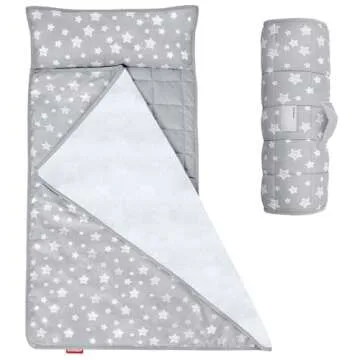 Toddler Nap Mat 2 Pack, Nap Mat for Kids Preschool, Daycare with Pillow and Fleece Minky Blanket, Lightweight, Soft, Gray and Navy