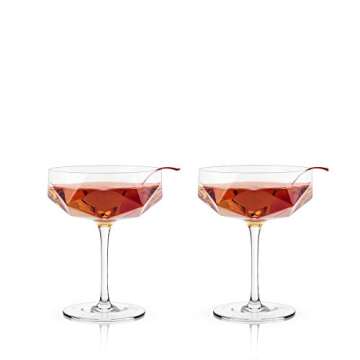 Viski Faceted Coupe Glasses set of 2, Champagn, Martini, Wine, Crystal Cocktail Glasses for Bar, Drinking Glass Set of 2, 7oz
