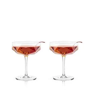 Viski Faceted Coupe Glasses set of 2, Champagn, Martini, Wine, Crystal Cocktail Glasses for Bar, Drinking Glass Set of 2, 7oz