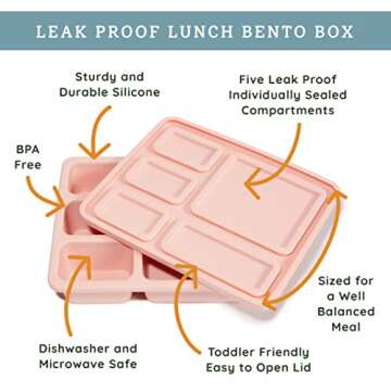 Austin Baby Co Leak-Proof Bento Lunch Box for Kids – Silicone Kids Lunch Container with 5 Leakproof Compartments – Food-Safe Materials, Sturdy, Dishwasher Safe, and BPA Free