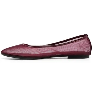 Riekhany Womens Mesh Ballet Flats Slip On Tulle Ballerina Flats Casual Round Toe Work Shoes Burgundy