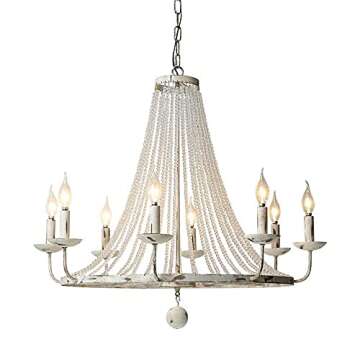 JiuZhuo Rustic Candle Shaped 8 Light Crystal Bead Strands Metal Wheel Large Chandelier Lighting Hanging Ceiling Fixture,Distressed White