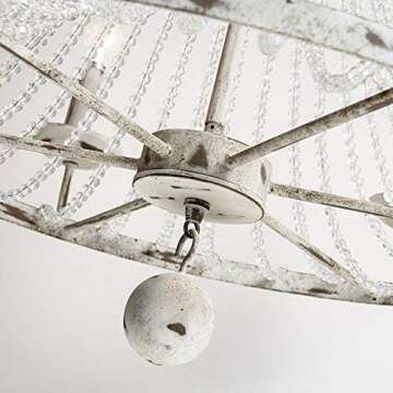 JiuZhuo Rustic Candle Shaped 8 Light Crystal Bead Strands Metal Wheel Large Chandelier Lighting Hanging Ceiling Fixture,Distressed White