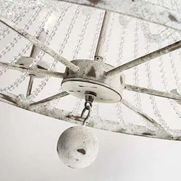 JiuZhuo Rustic Candle Shaped 8 Light Crystal Bead Strands Metal Wheel Large Chandelier Lighting Hanging Ceiling Fixture,Distressed White