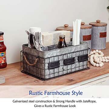 NIKKY HOME Farmhouse Utensil Caddy for Parties, Flatware Caddy for Countertop, Rustic Galvanized Silverware Cutlery Caddy with Napkin Holder for Kitchen, Dining, Outdoors, Picnics, Parties - Silver