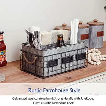 NIKKY HOME Farmhouse Utensil Caddy for Parties, Flatware Caddy for Countertop, Rustic Galvanized Silverware Cutlery Caddy with Napkin Holder for Kitchen, Dining, Outdoors, Picnics, Parties - Silver