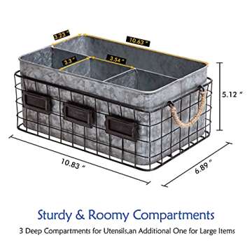 NIKKY HOME Farmhouse Utensil Caddy for Parties, Flatware Caddy for Countertop, Rustic Galvanized Silverware Cutlery Caddy with Napkin Holder for Kitchen, Dining, Outdoors, Picnics, Parties - Silver