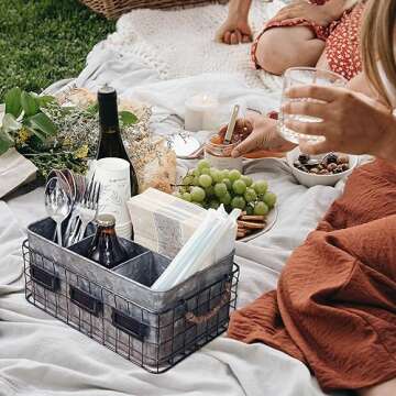 NIKKY HOME Farmhouse Utensil Caddy for Parties, Flatware Caddy for Countertop, Rustic Galvanized Silverware Cutlery Caddy with Napkin Holder for Kitchen, Dining, Outdoors, Picnics, Parties - Silver