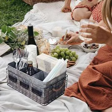 NIKKY HOME Farmhouse Utensil Caddy for Parties, Flatware Caddy for Countertop, Rustic Galvanized Silverware Cutlery Caddy with Napkin Holder for Kitchen, Dining, Outdoors, Picnics, Parties - Silver