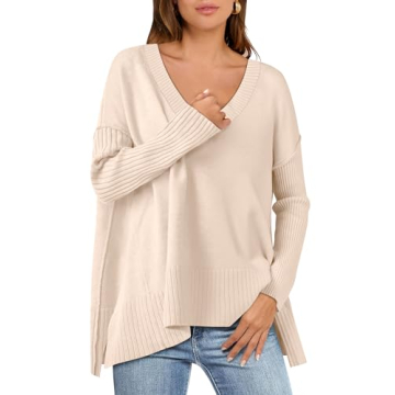 Caracilia Women’s V Neck Oversized Sweaters 2024 Fall Long Batwing Sleeve Spilt Hem Tunic Pullover...