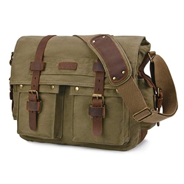 Kattee Military Messenger Bag Canvas Leather Shoulder Bag Fits 15.6 Inch Laptop (Army Green)