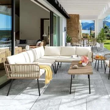 YITAHOME 4 Pieces Patio Furniture Set, Outdoor Rattan Woven Conversation Sectional L-Shaped Sofa with 5 Seater for Backyard, Porch, Boho Detachable Lounger with Cushions and Side Table - Beige