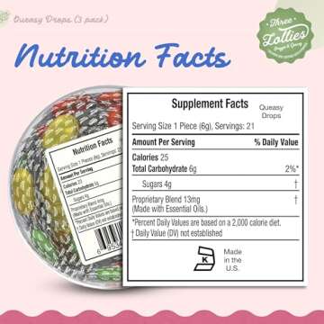 Three Lollies Queasy Drops - Natural Nausea Relief for All Ages; 3 Pack of 21 Lozenges