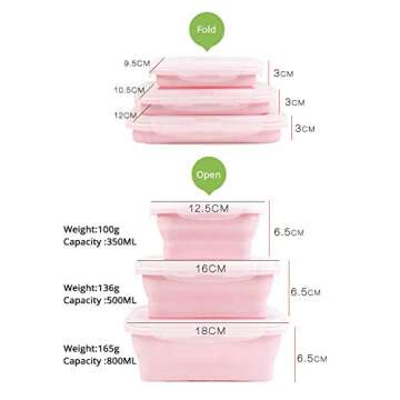 Camping Silicone Food Storage Container, Collapsible Vegetable Fruit Container Storage Cabinet Silicone Food Storage Lunch Box 3 Set Microwave Safe Container (Pink)