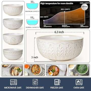 Artena Soup Bowls 32 OZ, Cereal Bowls Set of 4, Embossment Ceramic Ramen Bowls, 6.3 Inch White Salad...
