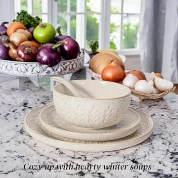 Artena Soup Bowls 32 OZ, Cereal Bowls Set of 4, Embossment Ceramic Ramen Bowls, 6.3 Inch White Salad Bowls, Large Dinner Bowls for Pho, Noodle, Pasta, Snacks, Dishwasher Microwave Safe, Wheat Leaf