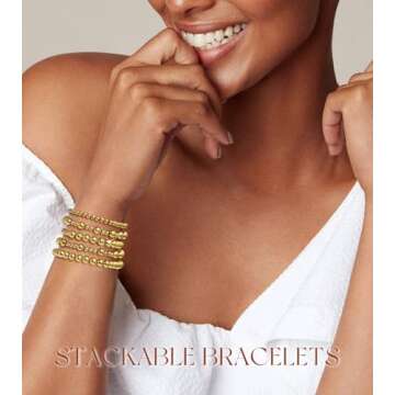 adoyi Gold Bracelets for Women 14K Gold Plated Beaded Bracelet Stack Strand Stretch Bead Ball Stacka...