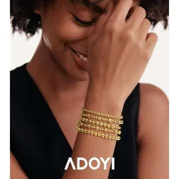 adoyi Gold Bracelets for Women 14K Gold Plated Beaded Bracelet Stack Strand Stretch Bead Ball Stackable Bracelet Set Adjustable Jewelry for Gifts 7.25 inches
