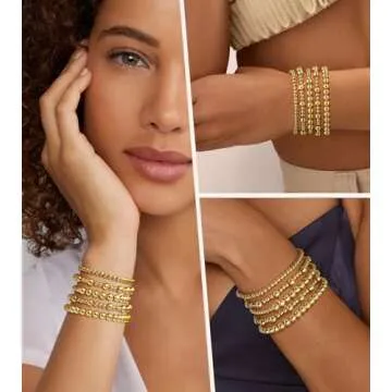 adoyi Gold Bracelets for Women 14K Gold Plated Beaded Bracelet Stack Strand Stretch Bead Ball Stackable Bracelet Set Adjustable Jewelry for Gifts 7.25 inches
