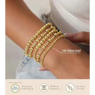 adoyi Gold Bracelets for Women 14K Gold Plated Beaded Bracelet Stack Strand Stretch Bead Ball Stackable Bracelet Set Adjustable Jewelry for Gifts 7.25 inches