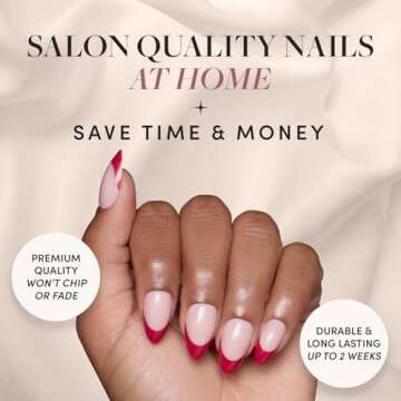 Glamnetic Press On Nails - Rose Garden | Semi-Transparent Red French Tip Short Almond False Nails, R...