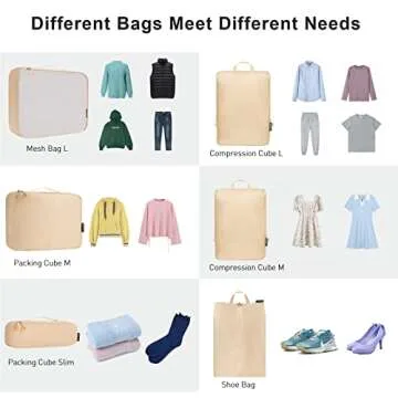 Bagail 7 Set, Ultralight 3 Compression Packing Cubes 3 Packing Organizers With 1 Shoe Bag-Beige