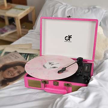 Vintage Bluetooth Suitcase Record Player with Built-in Speakers, 3 Speed Portable Turntable with USB Vinyl Audio Recorder RCA AUX-in & Headphone Jack (Pink)