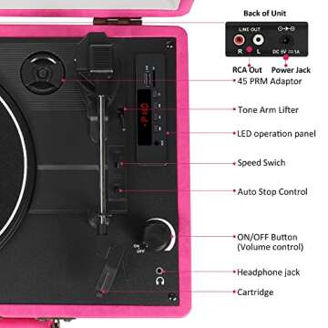 Vintage Bluetooth Suitcase Record Player with Built-in Speakers, 3 Speed Portable Turntable with USB Vinyl Audio Recorder RCA AUX-in & Headphone Jack (Pink)