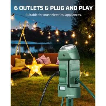 DEWENWILS Outdoor Power Strip Timer with Photocell, Yard Stake Timer Dusk to Dawn, Weatherproof Countdown Light Timer, 6 Outlets 10ft Cord Timer for Lights, Garden, 1875W/15A UL Listed