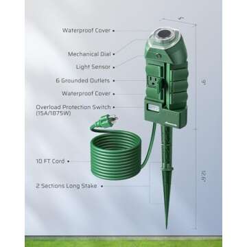 DEWENWILS Outdoor Power Strip Timer with Photocell, Yard Stake Timer Dusk to Dawn, Weatherproof Countdown Light Timer, 6 Outlets 10ft Cord Timer for Lights, Garden, 1875W/15A UL Listed