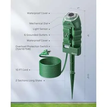 DEWENWILS Outdoor Power Strip Timer with Photocell, Yard Stake Timer Dusk to Dawn, Weatherproof Countdown Light Timer, 6 Outlets 10ft Cord Timer for Lights, Garden, 1875W/15A UL Listed