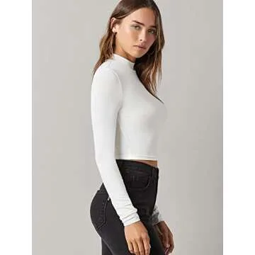 Fitted Mock Neck Long Sleeve Crop Top for Women in White