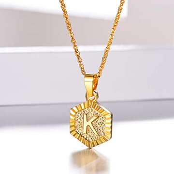 Initial Necklace for Women 18K Gold Plated Hexagon Lettter Pendant Capital Initial K Necklace