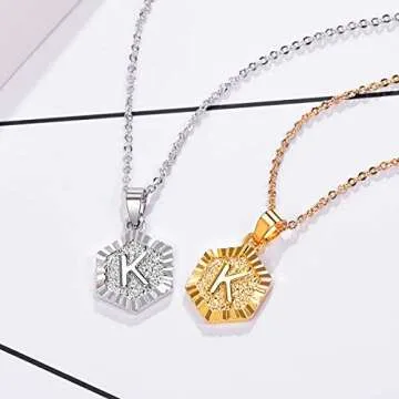 Initial Necklace for Women 18K Gold Plated Hexagon Lettter Pendant Capital Initial K Necklace