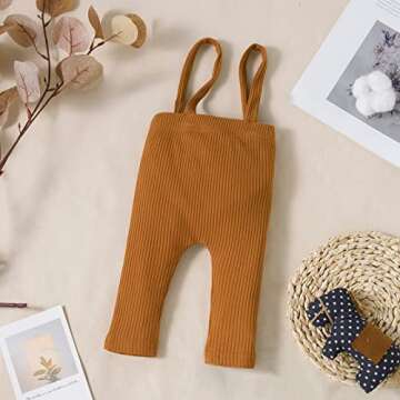 U·nikaka Cotton Rib-Knit Legging Pants with Suspenders Solid Mustard Cream Brown Baby Unisex Pants Adjustable Knot Straps Leggings Brown, 18-24 Months
