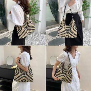 Large Straw Hobo Bags for Women Boho Aztec Shoulder Bag Woven Hobo Purse Designer Beach Bag for Summer Holiday Work(black2 with adjustable strap)