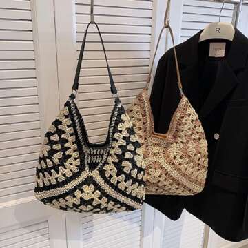 Large Straw Hobo Bags for Women Boho Aztec Shoulder Bag Woven Hobo Purse Designer Beach Bag for Summer Holiday Work(black2 with adjustable strap)