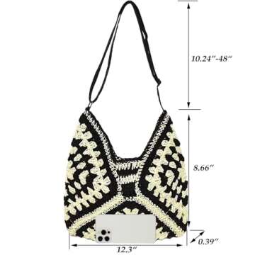 Large Straw Hobo Bags for Women Boho Aztec Shoulder Bag Woven Hobo Purse Designer Beach Bag for Summer Holiday Work(black2 with adjustable strap)