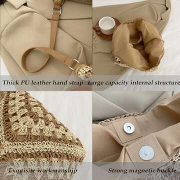 Large Straw Hobo Bags for Women Boho Aztec Shoulder Bag Woven Hobo Purse Designer Beach Bag for Summer Holiday Work(black2 with adjustable strap)