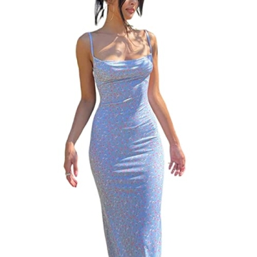 Y2K Floral Spaghetti Strap Bodycon Maxi Dress Blue