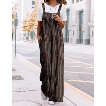 YESNO Women's Casual Woolen Overalls Adjustable Straps Baggy Pants Wide Leg Jumpsuits with Pockets XL PW2 Striped Coffee