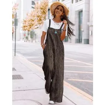 YESNO Women's Casual Woolen Overalls Adjustable Straps Baggy Pants Wide Leg Jumpsuits with Pockets XL PW2 Striped Coffee